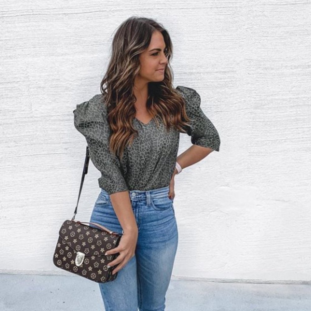 Green Animal Print Puff Sleeve Top